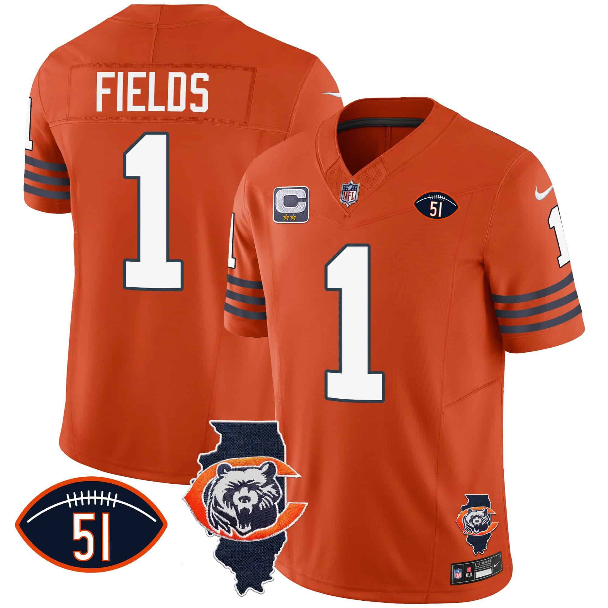 Men Chicago Bears #1 Fields Orange 2024 Nike Throwback Illinois Patch Vapor NFL Jersey->indianapolis colts->NFL Jersey